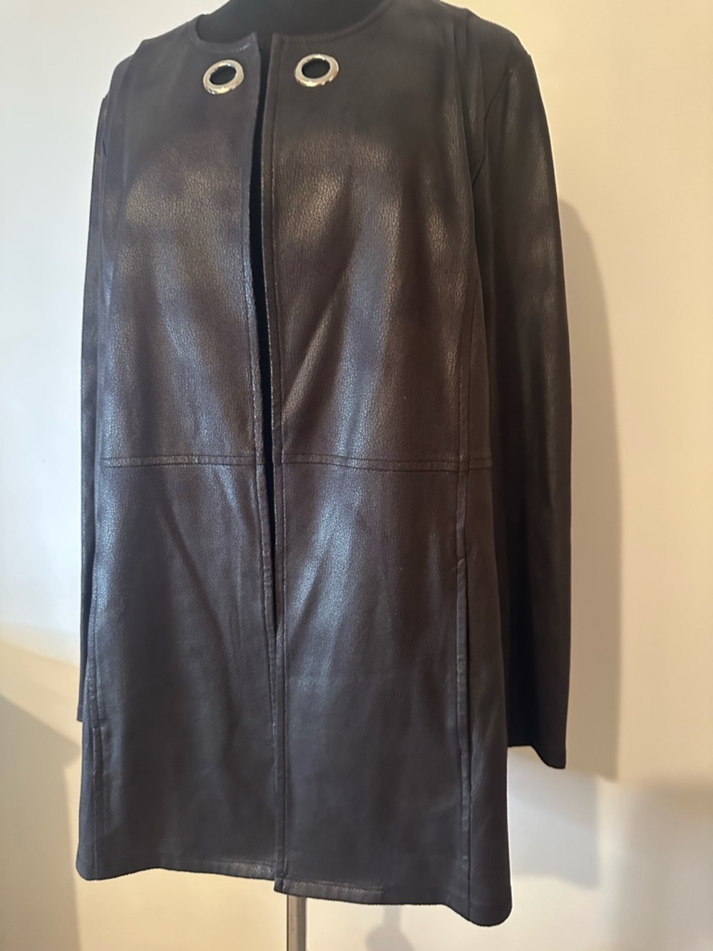 Brown Leather Looking Long Jacket with Eyelet Detail